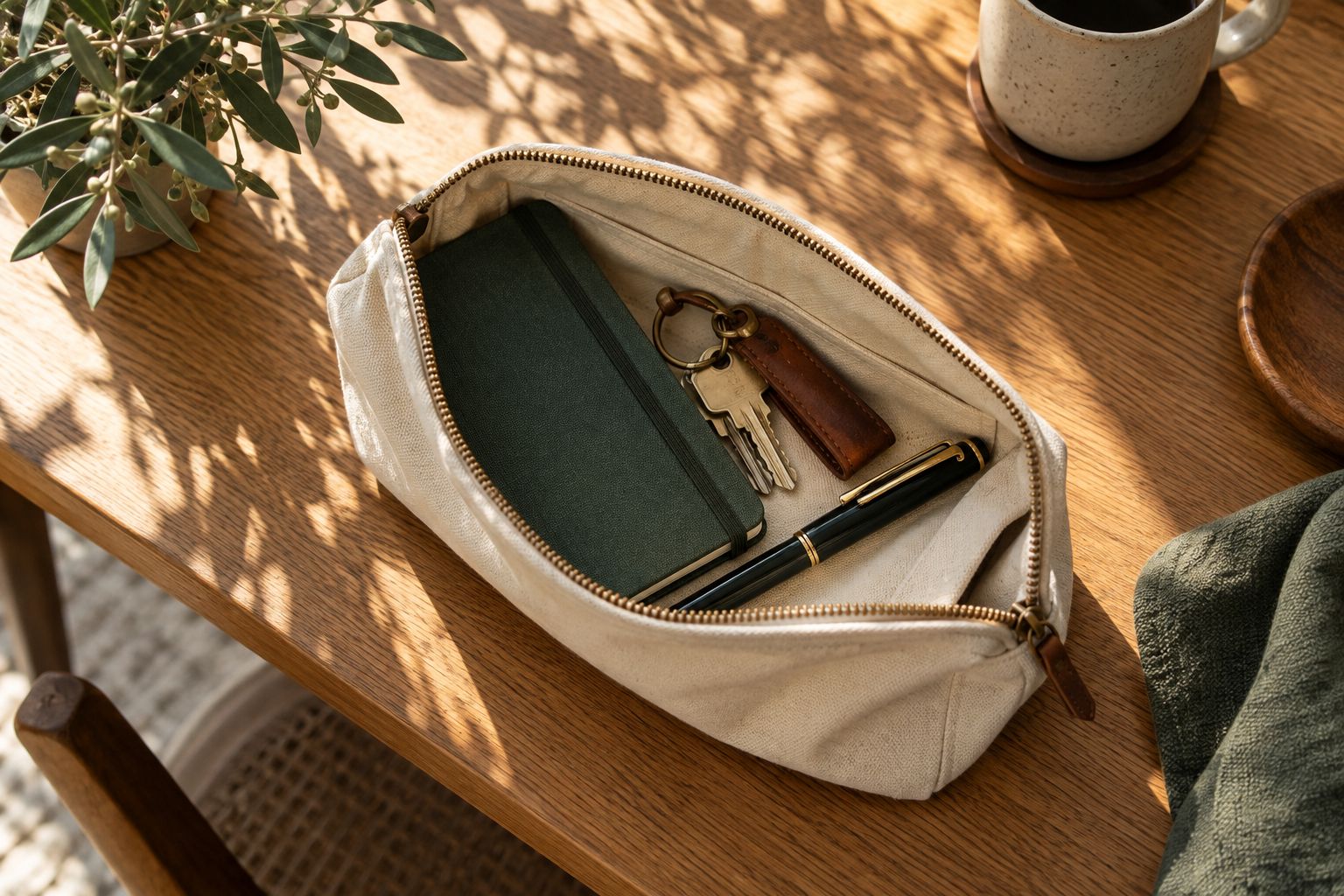 An open canvas pouch holding a notebook, keys and pen on an oak desk