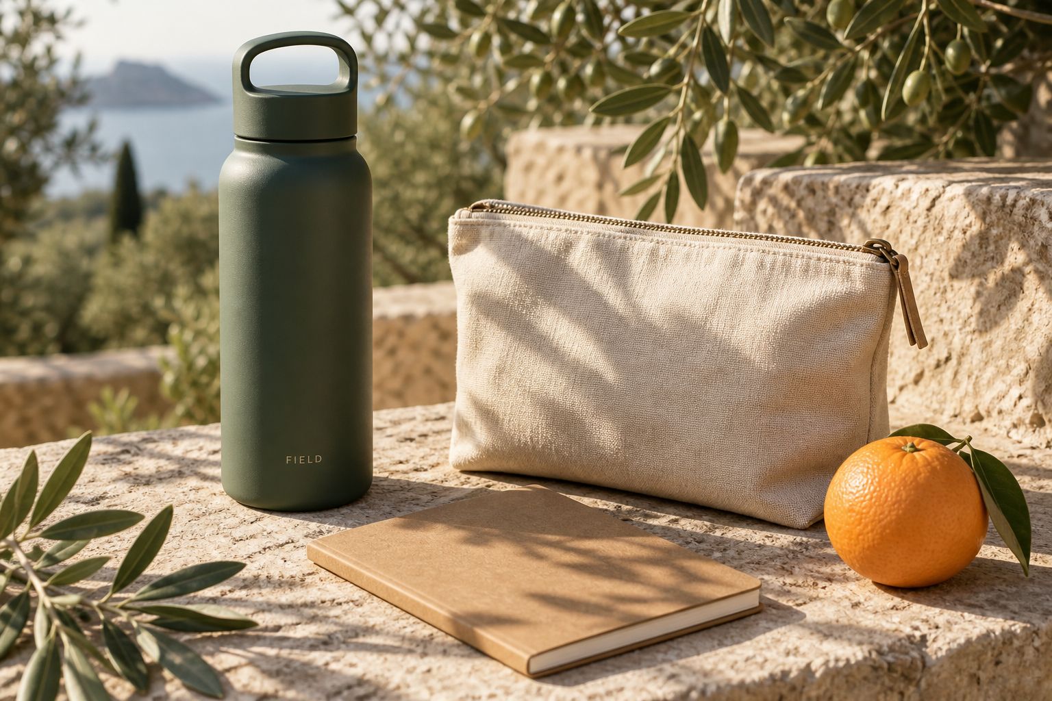 Fictional Field bottle, canvas pouch and notebook on a sunlit stone surface