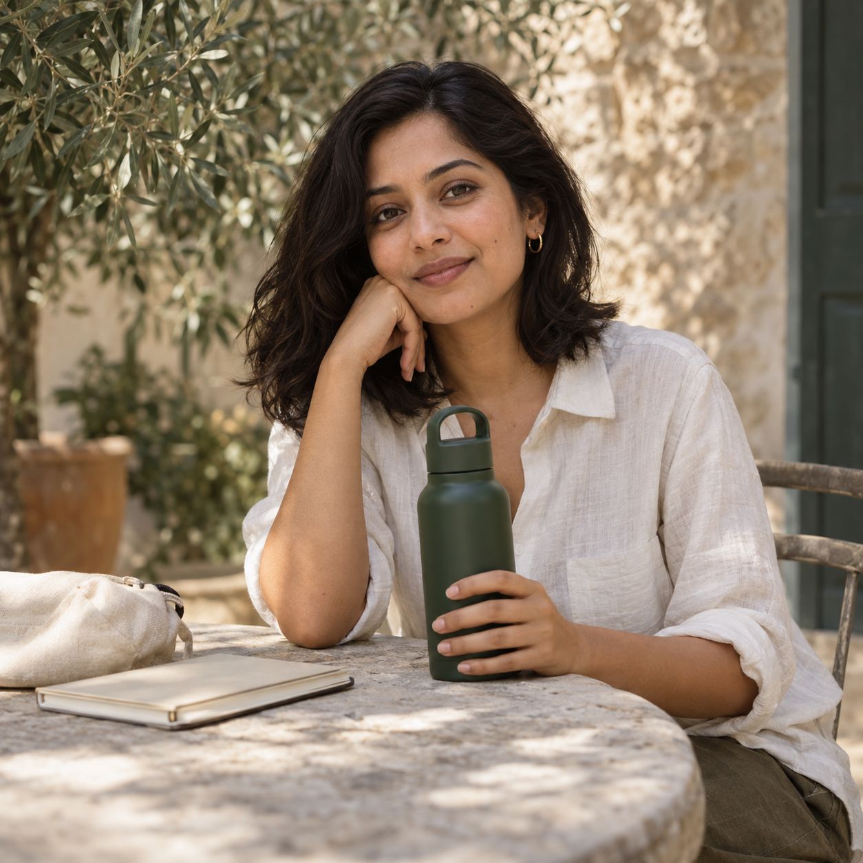 AI-generated portrait of Mira, a fictional creator, holding a sample green bottle