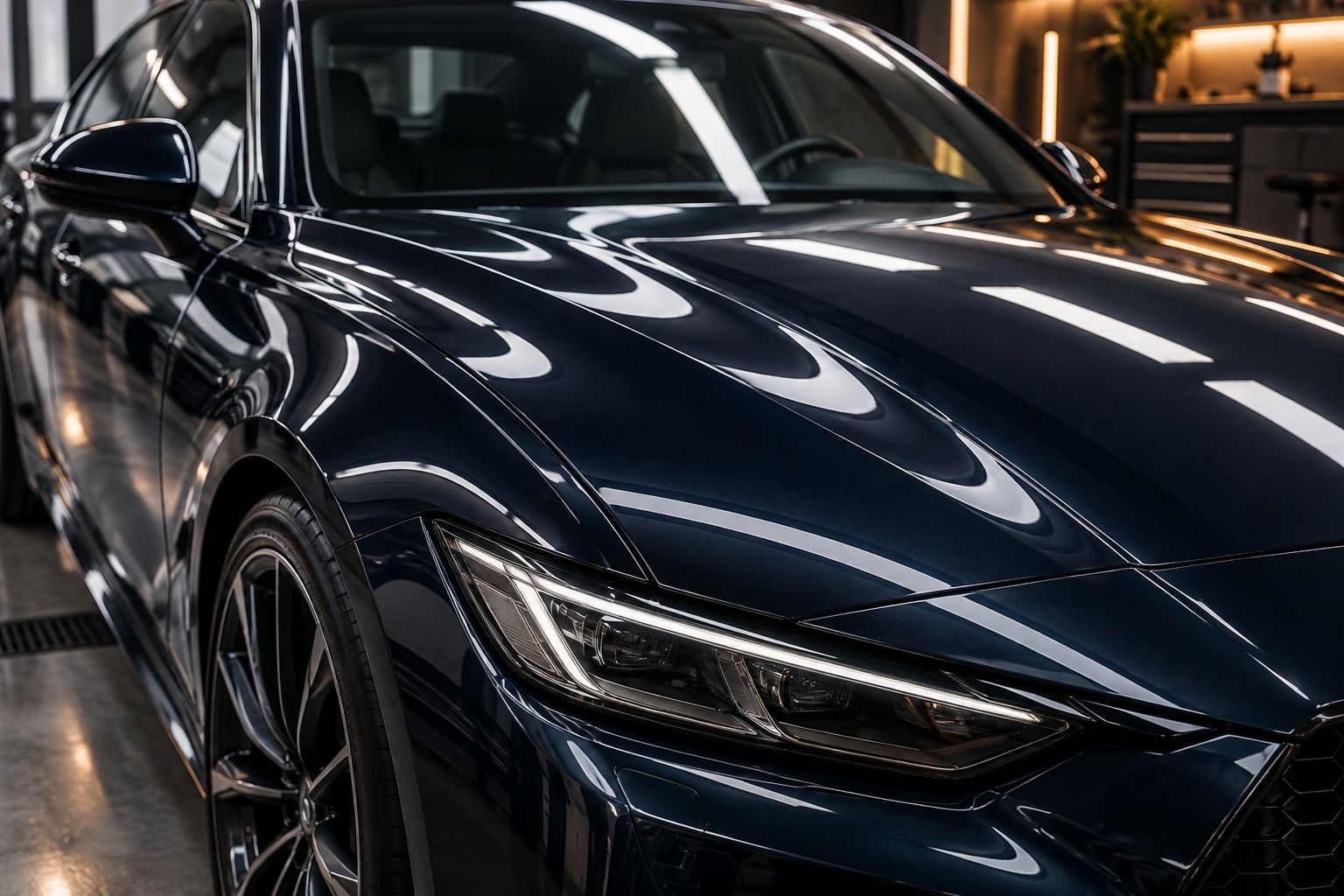 Glossy midnight navy car with white studio lights reflected across its bonnet